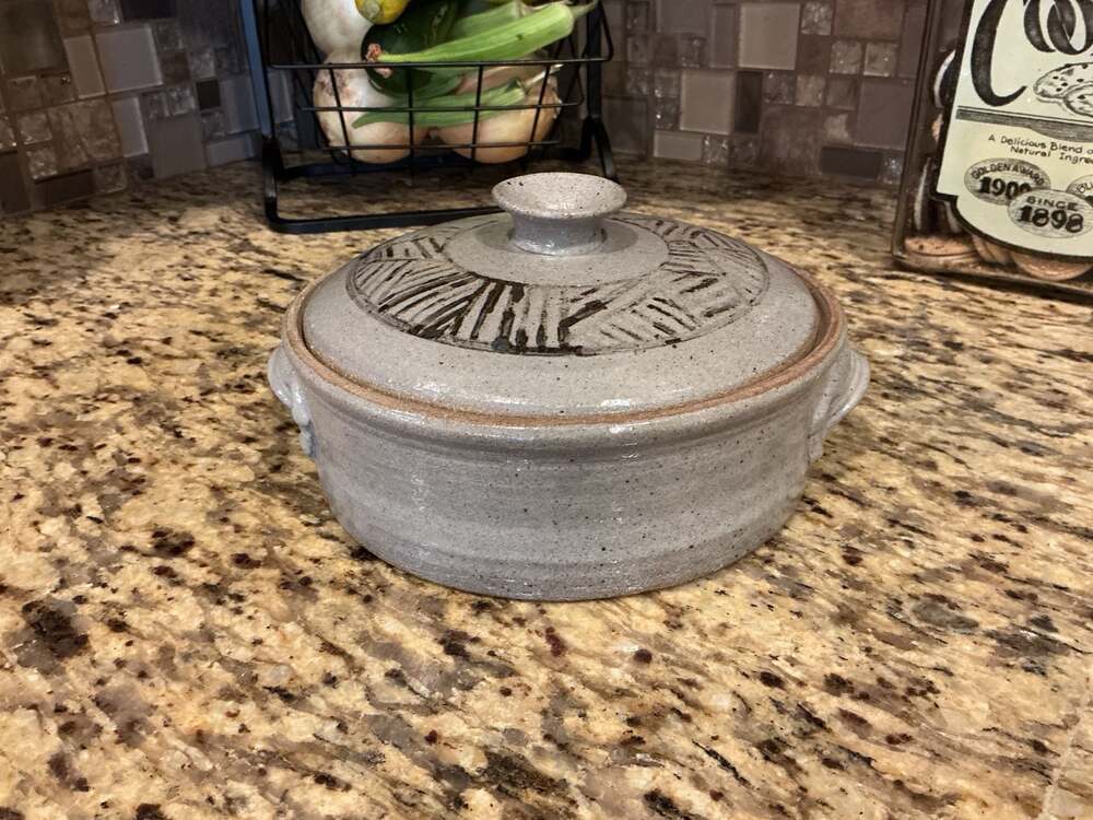 Studio Art Pottery Speckled Stoneware Lidded Dish with Incised Lid Design